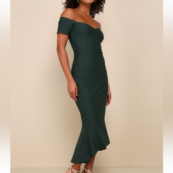 A2 - 120 Lulus How Much I Care Dark Green Off-the-Shoulder Midi Dress SZ MED NWT - Picture 3 of 12